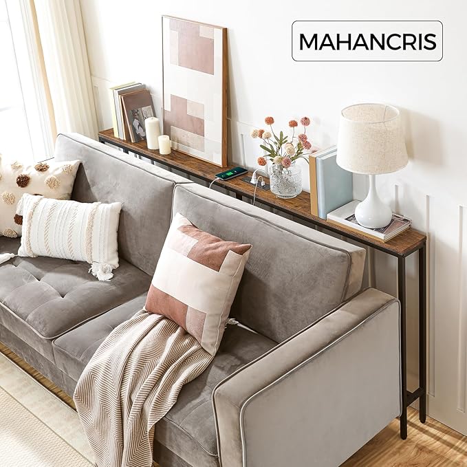 Skinny Console Table with Power Outlets, 70.9" Narrow Sofa Table, Behind Couch Table with Charging Station, Sofa Hallway Table for Plants, Living Room CTHR185E01
