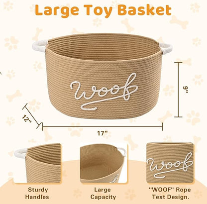 Woof Dog Toy Basket, Large Dog Toy Storage Bin with Durable Handles, Woven Dog Basket for Blankets, Toys, Chews, Pet Toy Storage Box for Nursery, Living Room, Bedroom, 17”x12”x9, Beige