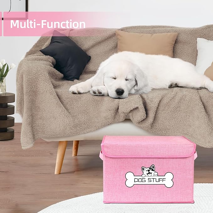Fabric Dog Toy Box with Lid, Collapsible Storage Bin, Basket Organizer with Handle for Dog Toys, Blankets and Accessories, Pink