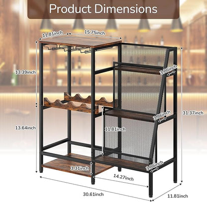 Versatile Liquor Stand for Home Bar, Wine Rack Freestanding Floor, Mini Bar Table for Liquor Whiskey Wine, 3-Tier Trapezoidal Liquor Bottle Display Shelf with Glass Holder and Fences(Patent Pending)