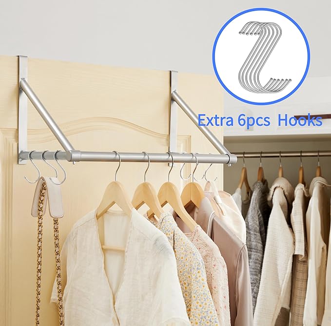 Over The Door Clothes Hanger,Metal Over Door Clothes Drying Rack with 6 Hooks,Laundry Drying Rack Rod for Laundry, Bedroom, Washroom, Closet,Fits Door Up to 1.97", (Silver)