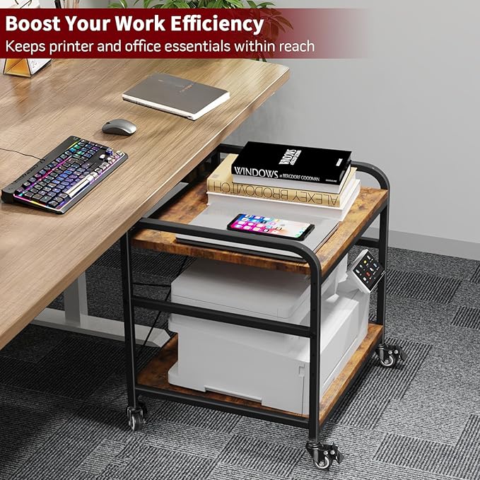 TFK 2 Tier Large Printer Stand with Storage, 20 x 20 Inch Under Desk Printer Table with Adjustable Shelf, Rolling Printers Cart for Home Office, Fits Fax /3D Printer/Scanner, Brown