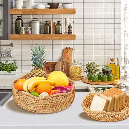 Natural Rattan Round Fruit Basket Bowls, Hand Woven Decor Serving Baskets, Wicker Storage for Dinning Room (Wave-Small)＜7.9''(D) X2.6''(H)＞