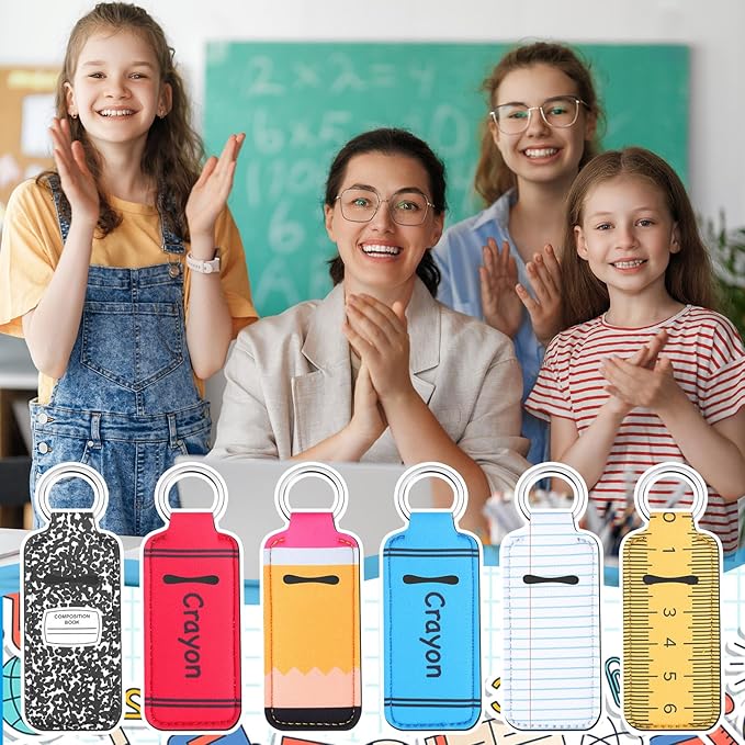 12 Pcs Lipstick Holder Keychain Bulk Cute Pocket Lip Balm Holder Keychain Backpack Purse Accessories for Women Lip Gloss Sleeve Pouch, 6 Style (Back to School)
