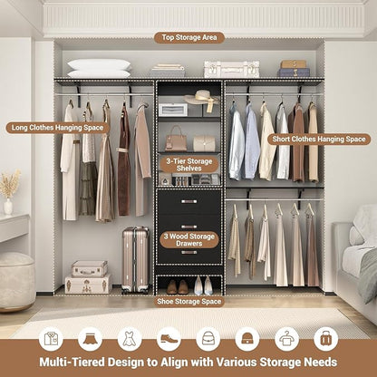 Closet System with Drawer - 8FT Wood Closet Organizer System with 3 Hanging Rods and Shelving Tower, 96" Walk In Closet Organizer Wardrobe, Black