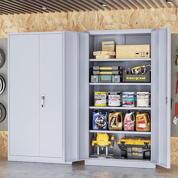 Bonusall Tool Garage Cabinet with Lock, 2 Doors Metal Storage Cabinets with 4 Adjustable Shelves, Lockable Steel Cabinet for Home Office, Warehouse，School(Cement Grey)