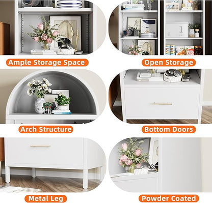 Metal White Arched Bookcase with 2 Adjustable Shelf, Arched Bookshelf with Drawer for Home Office Living Room,Required Assembly