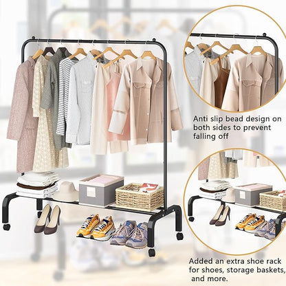 Rolling Clothes Rack Metal Clothing Rack with Wheels Garment Rack with Bottom Shelf for Hanging Clothes Shirts Jeans and Coats Black