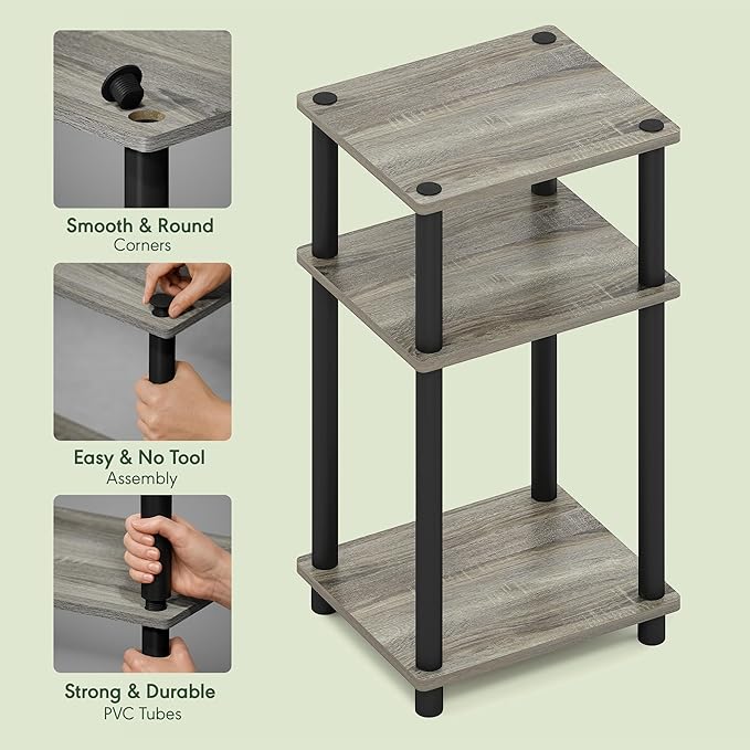 Furinno Turn-N-Tube Side Table, 3-Tier End Table with Open Shelf, Toolless Assembly Night Stand, Bedside Table, for Living Room, Bedroom, Grey Oak
