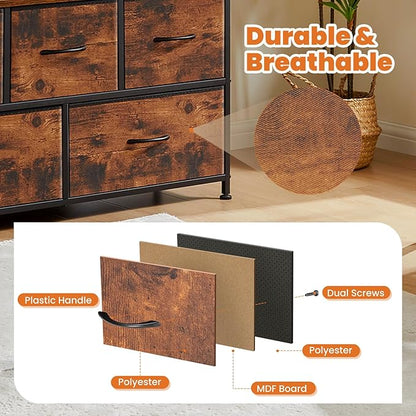 Sweetcrispy Dresser for Bedroom with 5 Storage Drawers, Fabric Storage Tower Organizer, Chest of Drawers with Metal Frame Wooden Top for Closet, Living Room, Entryway, Rust Brown