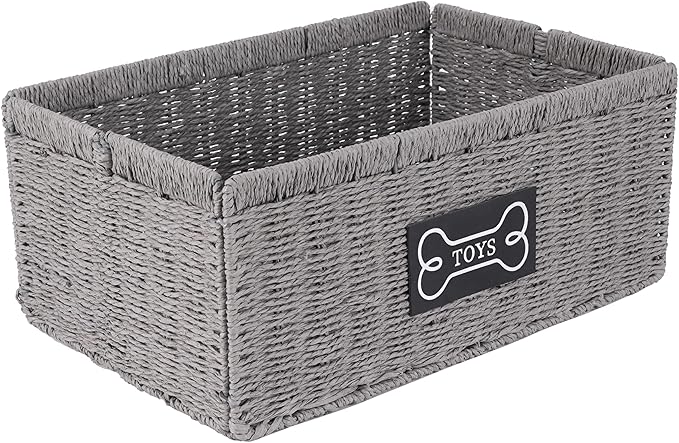 Geyecete dog toy basket,square Living pet toy bin basket Wicker dog toy box Foldable Pet Toy Storage Organizer, Grey Paper Rope & Steel Wire Basket