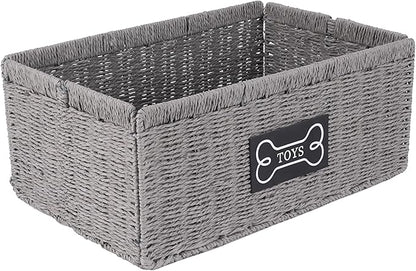 Geyecete dog toy basket,square Living pet toy bin basket Wicker dog toy box Foldable Pet Toy Storage Organizer, Grey Paper Rope & Steel Wire Basket
