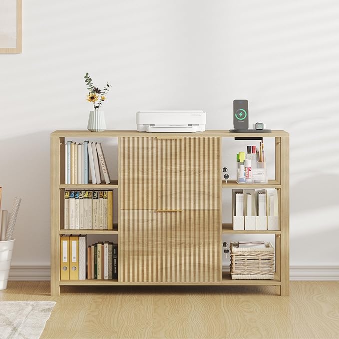 File Cabinet for Home Office, Fluted Filing Cabinet with Charging Station, 2 Drawers Fit Letter/Legal/A4 with Tabs, Printer Stand with Lock & 2 Power Outlets, 6 Shelves (2, Oak)