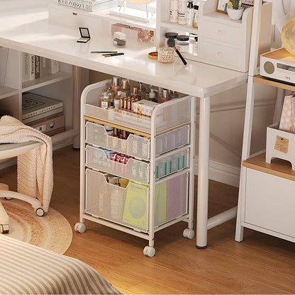 Rolling Makeup Cart Organizer with 3 Drawers, Floor Skincare Organizers with Wheels, Cosmetics Display Cases, Vanity Storage Organizer for Skin Care Perfume Nail Polish, White