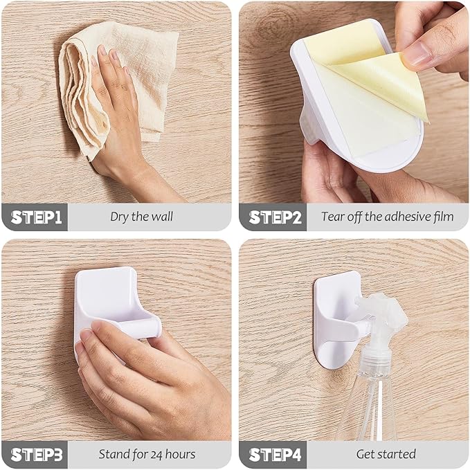 Taiyin 4 Pcs Wall Mount Spray Bottle Hooks Holder Spray Bottle Hanger Adhesive Hook to Create Storage Space Rack Organizer Hanger for Cabinet Kitchen Variety Surfaces (White)