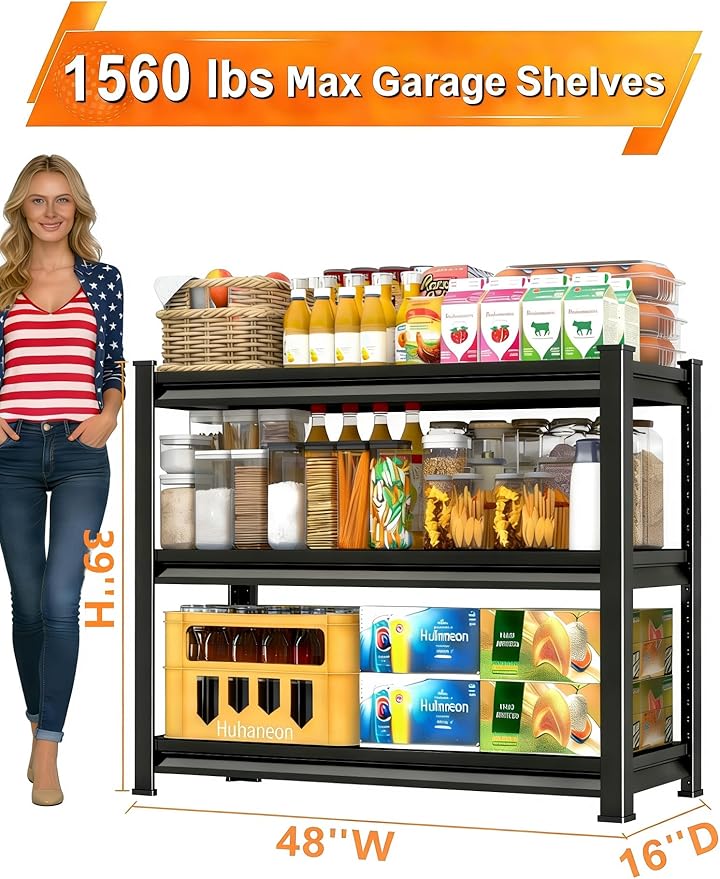 48''W Garage Shelves Heavy Duty - 1,560Lbs Steel Metal Adjustable Utility Storage Shelving Rack Units 48" W x 16" D x 39" H 3 Tier Black