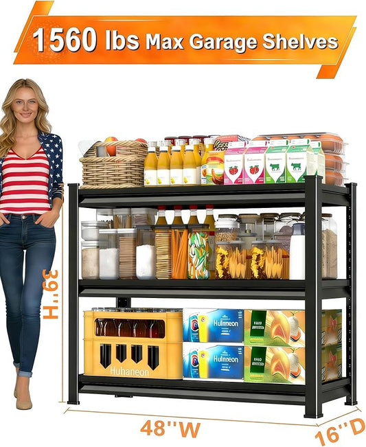 48''W Garage Shelves Heavy Duty - 1,560Lbs Steel Metal Adjustable Utility Storage Shelving Rack Units 48" W x 16" D x 39" H 3 Tier Black