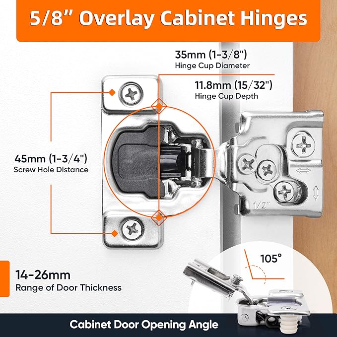 Decobasics 50 Pack Soft Close Cabinet Hinges – 5/8" Overlay for Kitchen Cabinet Doors, Face Frame Concealed Hidden Hinges – Stainless Steel, Self-Closing with 3-Way Adjustment & Slow Close Damper