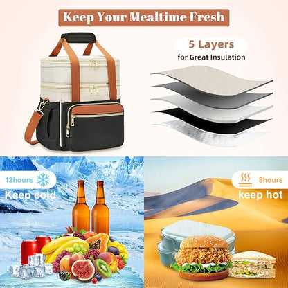 Insulated Lunch Bag & Lunch Box for Women - Double Deck Reusable Lunch Bag for men Tote Cooler Bag Leakproof Soft Expandable - Large Lunchbox for Work/Adult/Picnic/Outdoor (Coffee Black，15L)