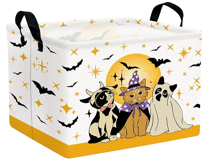 Large Halloween Themed Candy Gift Boo Basket for Kids Baby Personalized Adults Storage Bin Fall Decor(Cat Bat)