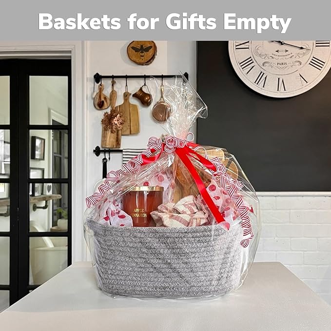 CHICVITA Decorative Gift Basket, Easter Basket for Kids, Woven Rope Storage Baskets with Handles, Nursery Baby Shower Toy Organizer, Grey, 13 x 9.8 x 5 inches