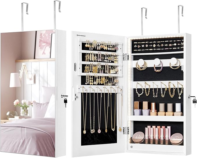 SONGMICS Mirror Jewelry Cabinet Armoire with Built-in LED Lights, Wall or Door Mounted Jewelry Storage Organizer, 3.8 x 14.6 x 26.4 Inches Hanging Mirror Cabinet, Gift Idea, White UJJC050W01