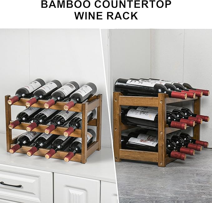VASMIA Bamboo Wine Rack, Sturdy and Durable Wine Storage Cabinet Shelf, Wine Racks Countertop for Pantry,Kitchen,3-Tier 12 Bottles Wine Rack, Walnut