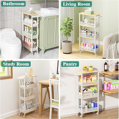 Giwil 4-Tier Slim Rolling Storage Cart for Kitchen Bathroom Organizer, Mobile Narrow Storage Cabinet Utility Cart with Wood Rack on Wheels for Pantry Laundry Small Space, White
