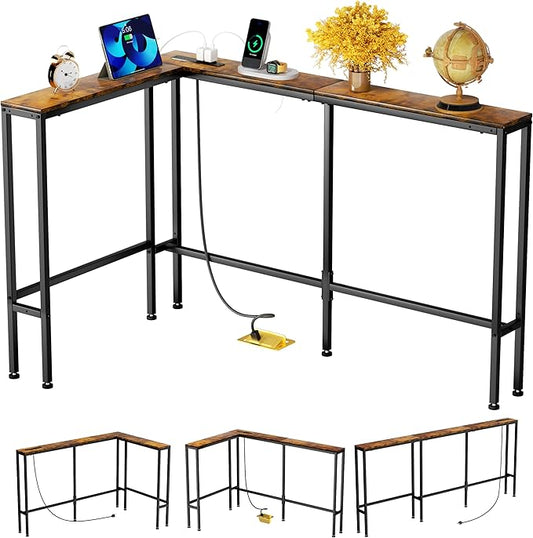 Narrow Console Table with Outlet, 70.9" Sofa Table Narrow Long, L Shaped Behind Couch Table, Skinny Entryway Tables with Charging Station,3 Assembly Options for Living Room,Hallway (Rustic Brown,70IN)