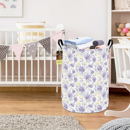 HUNRUNG Laundry Hamper,Large Canvas Fabric Lightweight Storage Basket Toy Organizer Dirty Clothes Collapsible Waterproof for College Dorms（Round-Purple Flowers）