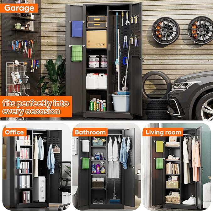 Aobabo Broom Closet Storage Cabinet, Lockable Garage Storage Cabinet for Home Garage, 71.41" H×31.53" W×15.74" D, Assembly Required, Black