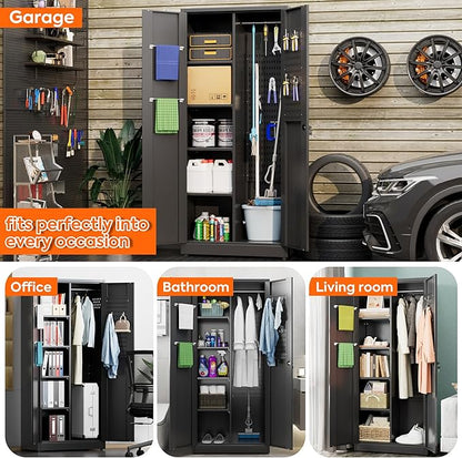Aobabo Broom Closet Storage Cabinet, Lockable Garage Storage Cabinet for Home Garage, 71.37" H×33.93" W×16.92" D, Assembly Required, Black