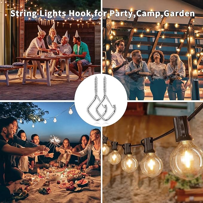 50 Pcs Outdoor Hooks for String Lights,Screw Hooks for Hanging Plants,Ceiling Hooks with Safety Buckle,Square Hanger for Wind Chimes,Bird Feeder,Lanterns,Christmas Decorations (Silver)