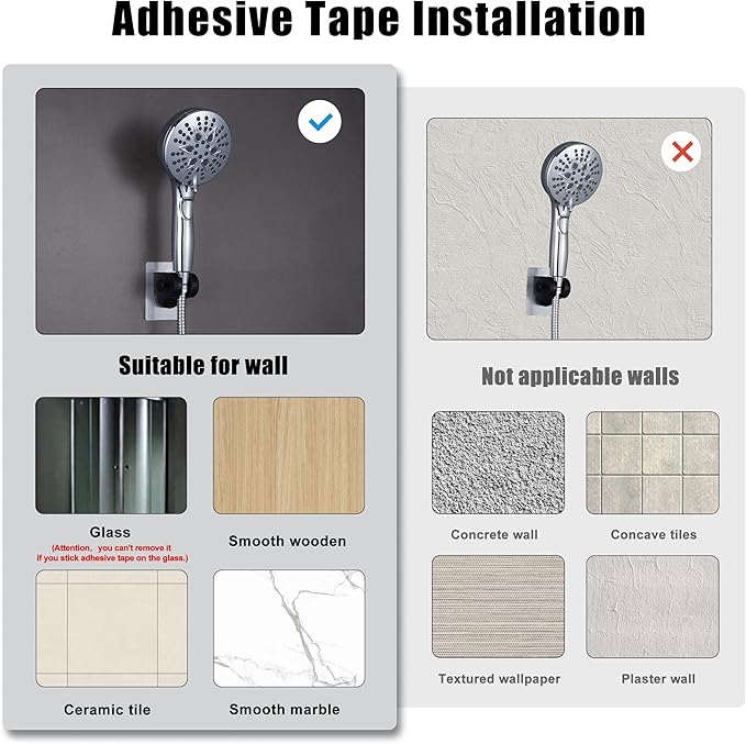 Handheld Shower Head Holder with 2 Hanger Hooks,Strong Adhesive&Waterproof No Drilling Wall Mount Shower Bracket for RV and Kids&Elders,Install Any Height&Fix Firmly,Black