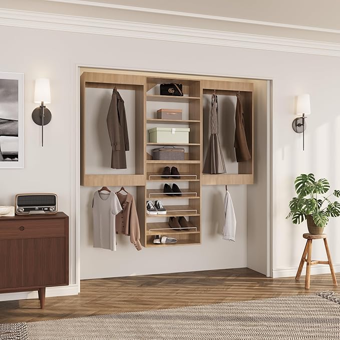 ROOMTEC Modular Closet System, 66" Wall Mounted Closet Organizer with Hanging Rods and Shoe Shelf, Wooden Tower for Walk-In Closets, Wardrobe Storage Kit, Wood