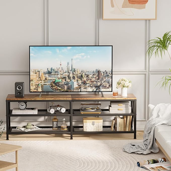 TV Stand for TVs up to 70 Inch, 63" Long Industrial TV Console Table with 3-Tier Storage Shelves, Entertainment Center for Living Room, Bedroom (Brown)
