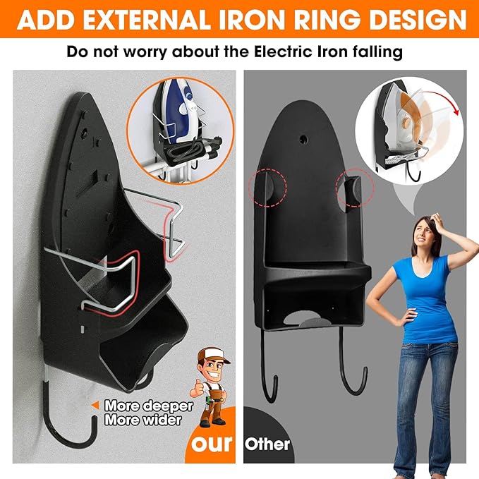 Wall Mount Iron,Ironing Board Hanger for Household Bathroom and Laundry Room, Electric Iron Holder with Hook-for Max 5.4" (Black)