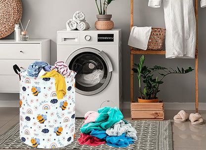 Rainbow Bee Print Canvas Laundry Basket,Waterproof Storage Bin with Handles 15.7" D×19.7" H Foldable Toy Organizer Decor Gift Basket for Kids' Bedroom & Home Organization
