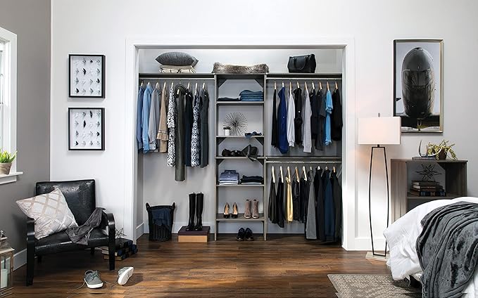 ClosetMaid SuiteSymphony Wood Closet Organizer Kit with Tower, 3 Hang Rods, Top Shelves, Adjustable, Fits Spaces 6 - 10 ft. Wide, Graphite Grey