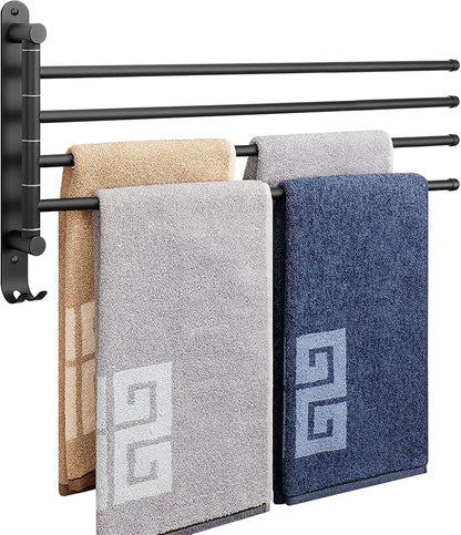 NearMoon Swivel Towel Rack, 19.5" Thicken 304 Stainless Steel 4-Arm Towel Bar, Space Saving Wall Mounted Towel Holder with Hook, Rustproof Swing Out Towel Hanger for Bathroom, Kitchen (Matte Black)