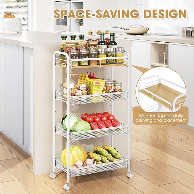 TOOLF 4-Tier Rolling Cart, Metal Utility Cart, Slide Out Storage Cart with Wooden Tabletop and Mesh Baskets, Easy Assemble Trolley for Kitchen Bathroom Laundry Room Bedroom Apartments Dormitory