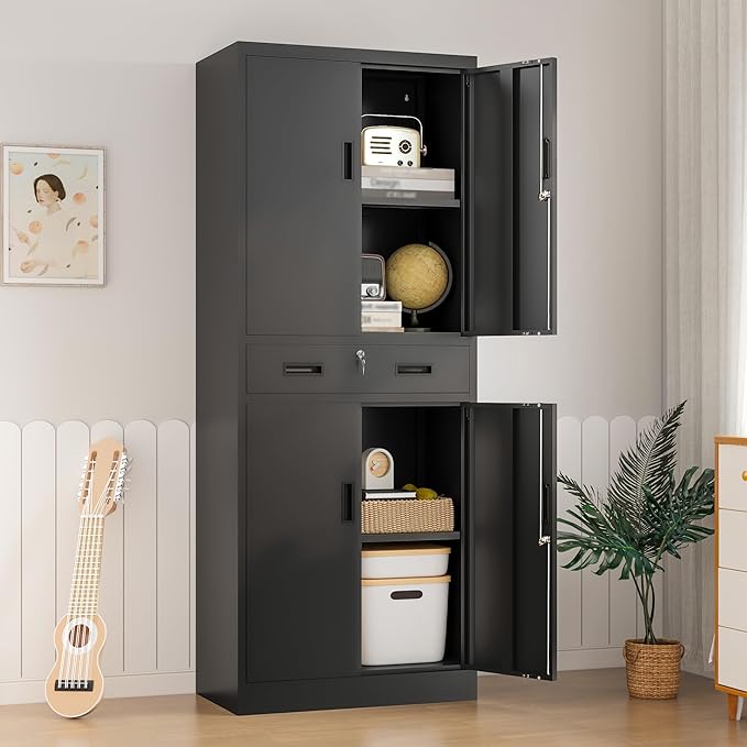 Metal Storage Cabinet, 71" H x 28" W x 16" D Locking Storage Cabinet with Adjustable Shelves and One Drawer, Steel Cabinet for Office, Garage, Home, School, Utility (Black)