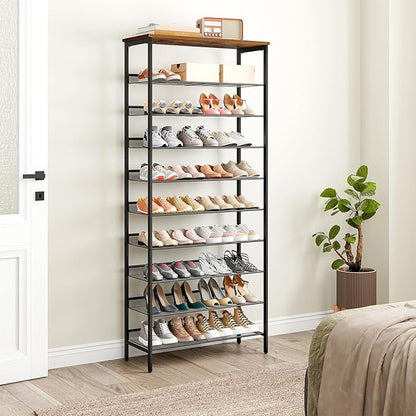 HOOBRO 10-Tier Shoe Rack, 29.5"L Shoe Shelf, Large Capacity Shoe Storage Organizer for 27+ Pairs of Shoes, Front Door Entrance, Entryway, Hallway, Closet, Space Saver, Rustic Brown and Black BF110XJ01