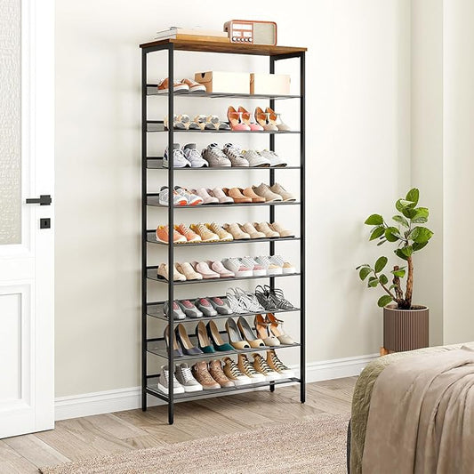 HOOBRO 10-Tier Shoe Rack, 29.5"L Shoe Shelf, Large Capacity Shoe Storage Organizer for 27+ Pairs of Shoes, Front Door Entrance, Entryway, Hallway, Closet, Space Saver, Rustic Brown and Black BF110XJ01