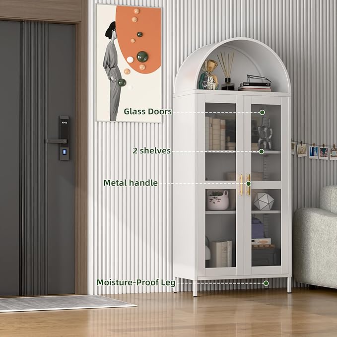 72.83" H Metal Arch Display Bookcase Cabinet, with Glass Doors and 2 Adjustable Shelves, Kitchen Pantry Cabinet for Home, Office,Assembly Required, White