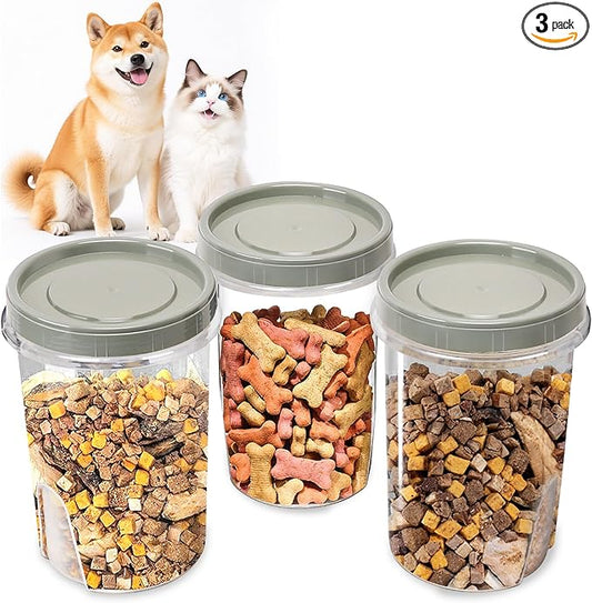 3 Pack Dog Treat Container - Airtight Dog Treat Holder with Lid - Reusable Cat Treat Container - Cute Dogs Cat Treat Cookie Container Set - Plastic Pet Dogs Cats Food Storage Container - Grey Green