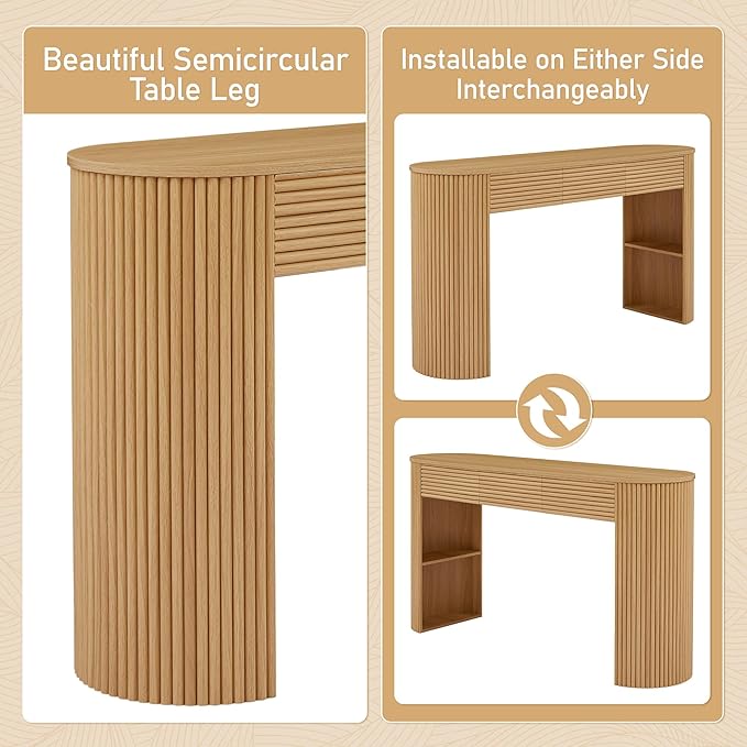 Retro Console Table with Storage, Rounded Console Table with 3 Drawers and 1 Table-Leg Niche, Round Slat Aesthetic for Entryway, Living Room, Hallway (Nature-X306)