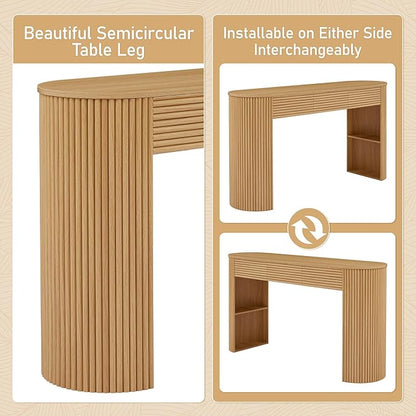 Retro Console Table with Storage, Rounded Console Table with 3 Drawers and 1 Table-Leg Niche, Round Slat Aesthetic for Entryway, Living Room, Hallway (Nature-X306)