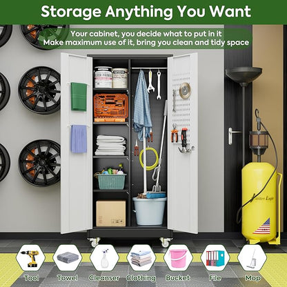 Broom Closet Storage Cabinet with Wheels and Pegboard,Metal Garage Storage Cabinet with Doors and Adjustable Shelves for Garage Home,Required Assembly,Black and White