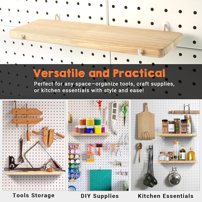 Solid Wood Pegboard Shelf, Pegboard Shelves with Pegboard Hooks, Pegboard Accessories for Craft Room, Garage, Gaming Room, 4 Pack